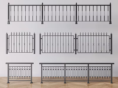 Black Metal Railings With Various Modern Designs Including Vertical Bars And Decorative Patterns 3d model