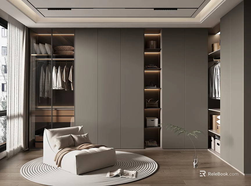 Modern Walk in Closet Interior With Gray Cabinets Storage Spaces Accent Chair And Round Rug 3d model 