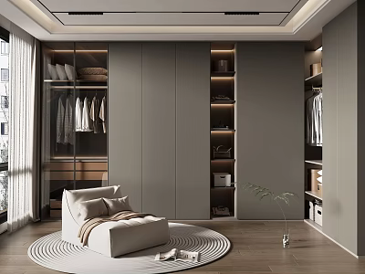 Modern Walk in Closet Interior With Gray Cabinets Storage Spaces Accent Chair And Round Rug 3d model