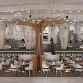 Modern Café Interior With Rattan Columns White Armchairs And Wooden Coffee Tables