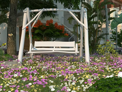 White Hanging Chair in Outdoor Garden with Colorful Flowers Tree Building Green Plants and Butterflies 3d model