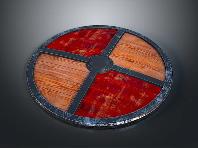 Medieval Round Shield with Red Wooden Panels Black Cross Straps and Metal Rim 3d model