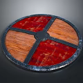 Medieval Round Shield with Red Wooden Panels Black Cross Straps and Metal Rim
