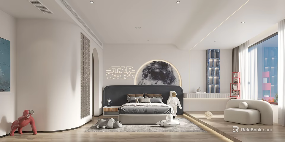 Modern Kids Bedroom With Star Wars Theme And Moon Decor 3d model 