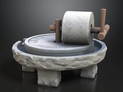 Traditional Stone Mill With Manual Roller And Round Grinding Base 3d model