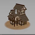 Medieval Wooden Building With Brown Roof Multi Level Design Chimney Arched Windows and Sandy Base