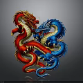 Red And Blue Mythical Dragons Intertwined In Dynamic Coiled Pose With Vibrant Scales