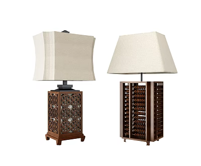 Two Elegant Table Lamps With Wooden Carved Bases And Square Beige Lamp Shades 3d model Two Elegant Table Lamps With Wooden Carved Bases And Square Beige Lamp Shades 3d model