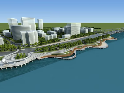 Urban Waterfront Park Landscape With Curved Walkway Greenery And Modern Buildings 3d model