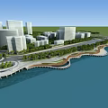 Urban Waterfront Park Landscape With Curved Walkway Greenery And Modern Buildings