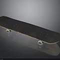 Classic Skateboard With Black Deck Wooden Edge And Four Shiny Wheels On Black Background