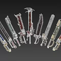 Various Designed Weapons With Different Colors Arranged On Black Background