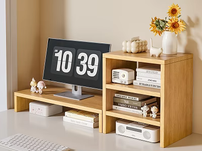 Wooden Bookshelf With Books Decorations Vase Sunflowers Clock And Speaker 3d model