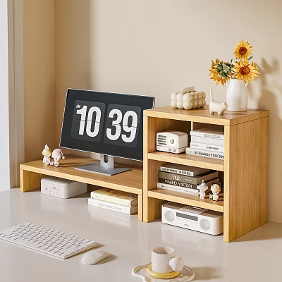 Wooden Bookshelf With Books Decorations Vase Sunflowers Clock And Speaker 3d model