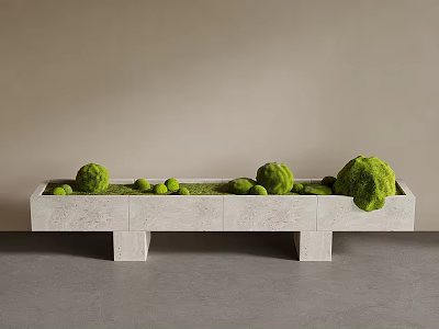 Stone Bench Decorated With Green Moss Balls Against Light Brown Wall In Minimalist Style 3d model