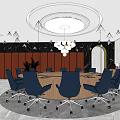 Modern Conference Room With Round Table Blue Chairs Circular Chandelier And Red Walls