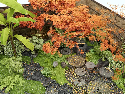 Tranquil Garden Design With Orange Maple Leaves Lush Green Plants Stone Features And Water Basins 3d model