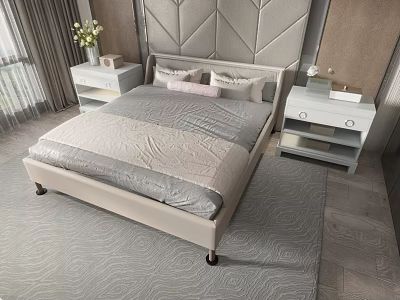 Double Bed with Textured Headboard Gray Beige Bedding Pink Pillows White Nightstands in Modern Bedroom 3d model