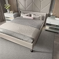 Double Bed with Textured Headboard Gray Beige Bedding Pink Pillows White Nightstands in Modern Bedroom
