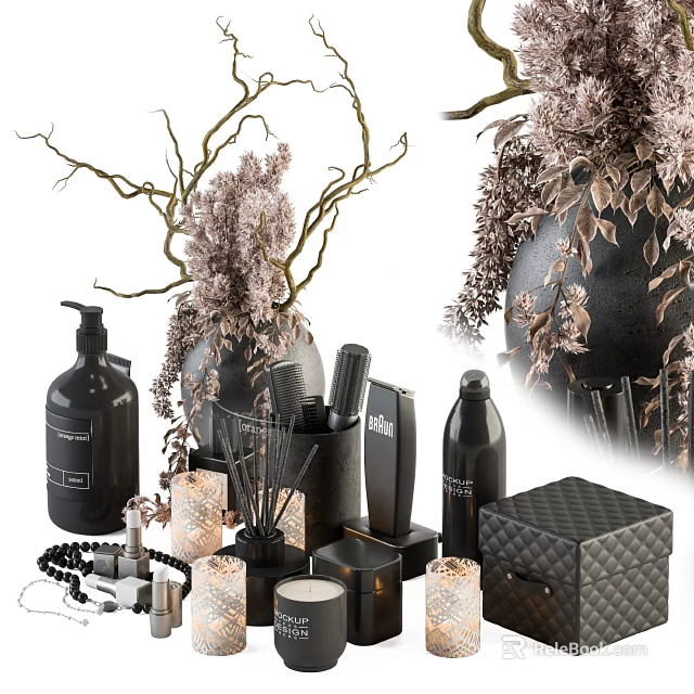 Elegant Decorative Ornament Set With Vase Branches Scented Candles And Boxes 3d model 