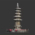 Ancient Stone Pagoda Architectural Design With Multi Tiered Structure Hexagonal Base And Red Railings
