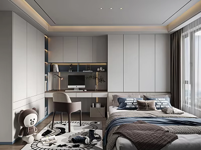 Modern Tatami Bedroom Interior With Desk Chair Wardrobe And Window Curtains 3d model