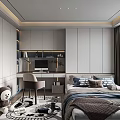 Modern Tatami Bedroom Interior With Desk Chair Wardrobe And Window Curtains
