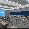 Spacious Modern Conference Room With Large Screen Tables Chairs And Windows 3d model