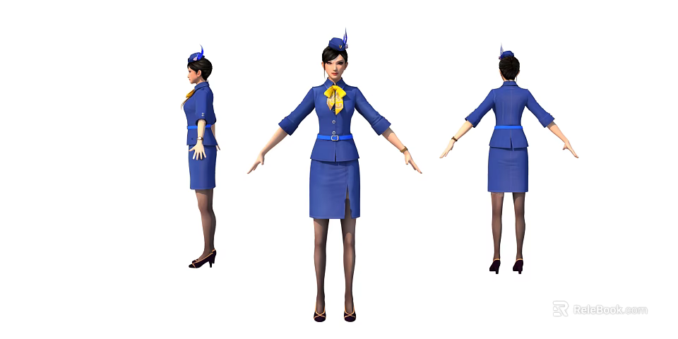 Woman in Blue Stewardess Uniform with Yellow Bowtie Hat and Different Angles View 3d model 