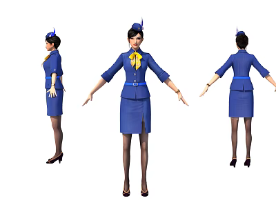 Woman in Blue Stewardess Uniform with Yellow Bowtie Hat and Different Angles View 3d model