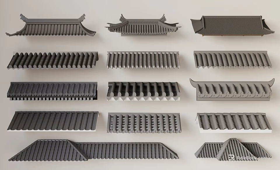 Traditional Ancient Architectural Components Featuring Various Roof Tile And Eave Designs 3d model