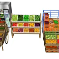 Fresh Fruits And Vegetables Display On Wooden Shelves With Refrigerator And Crates
