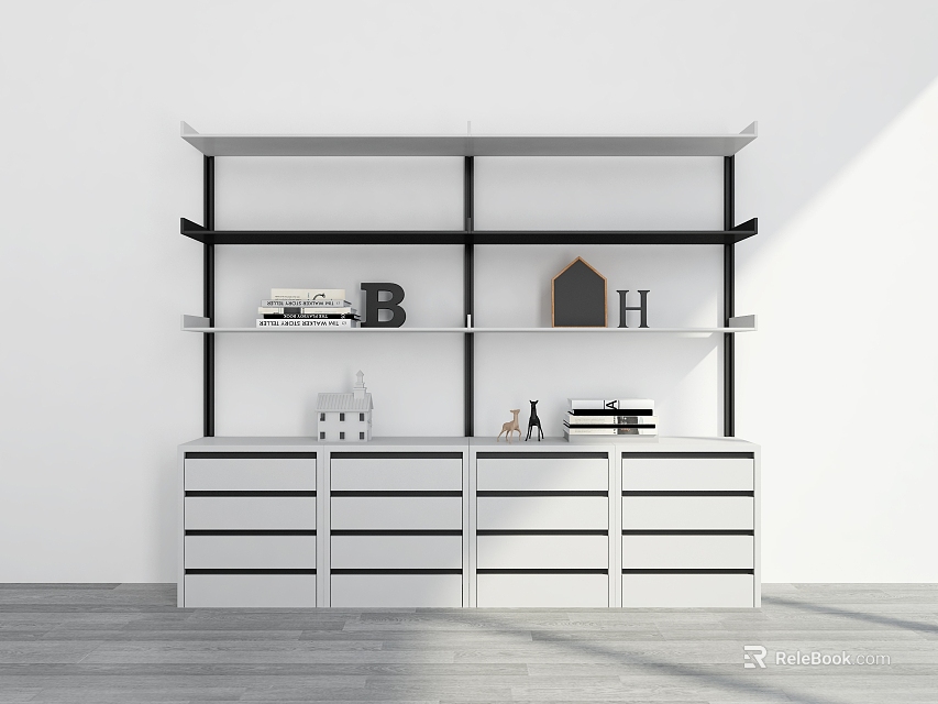 Modern White Bookcase With Black Frame Open Shelves Drawers And Decorative Letters 3d model 