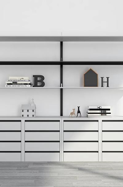 Modern White Bookcase With Black Frame Open Shelves Drawers And Decorative Letters 3d model