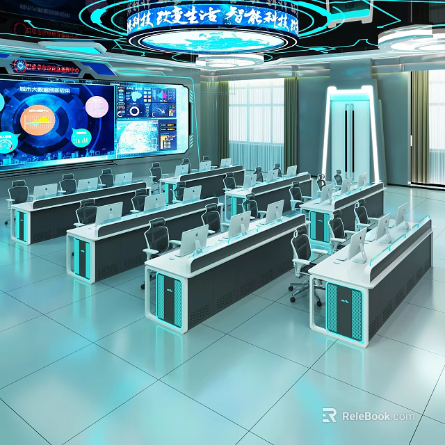 Modern Control Room Console Desk Chair Set With Monitors Bright Environment Large Windows Blue Lighting 3d model 