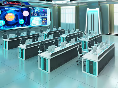 Modern Control Room Console Desk Chair Set With Monitors Bright Environment Large Windows Blue Lighting 3d model