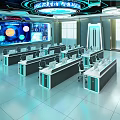 Modern Control Room Console Desk Chair Set With Monitors Bright Environment Large Windows Blue Lighting