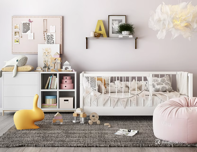 Cozy Kids Room Interior Design With White Crib Bookshelf Toys And Pink Bean Bag 3d model 