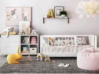 Cozy Kids Room Interior Design With White Crib Bookshelf Toys And Pink Bean Bag 3d model