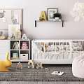 Cozy Kids Room Interior Design With White Crib Bookshelf Toys And Pink Bean Bag