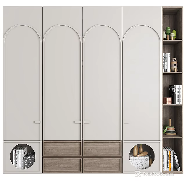 Modern Minimalist Wardrobe With Arched Doors Light Beige Finish And Wooden Drawers 3d model 
