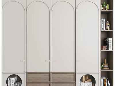 Modern Minimalist Wardrobe With Arched Doors Light Beige Finish And Wooden Drawers 3d model