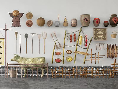Chinese Farm Tools Sketches Homestay Sketches Rake Shovel Fence Rattan Storage Basket Wine Jars Corn Pepper 3d model