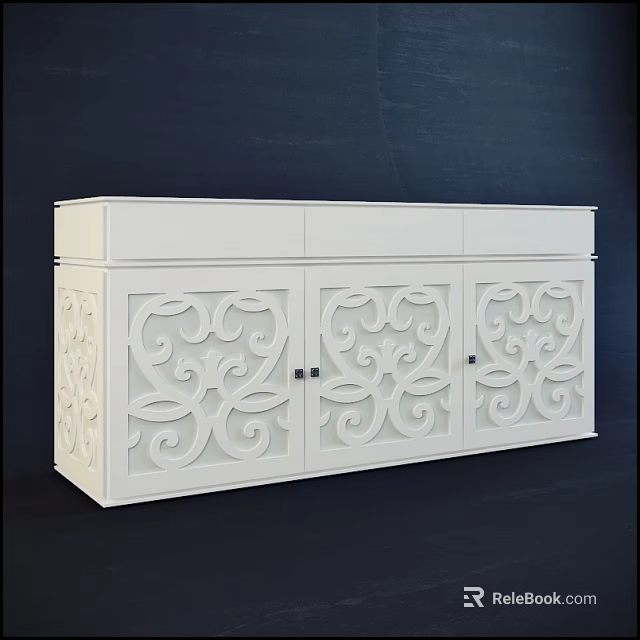 Elegant White Entryway Console Sideboard Cabinet With Intricate Carved Door Patterns 3d model 