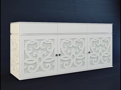 Elegant White Entryway Console Sideboard Cabinet With Intricate Carved Door Patterns 3d model