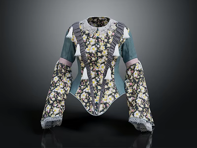 Women's Ruffled Floral Blouse With Bell Sleeves And Lace Trim 3d model