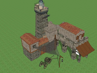3D Render Medieval Village With Stone Lighthouse Red Roof Buildings Horse Cart And Fishing Net 3d model