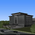 Modern Hospital Building With Traditional Roof Design Surrounded By Green Trees And Front Entrance Plaza
