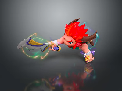 Game Character With Red Hair And Glowing Weapon In Dynamic Action Stance 3d model