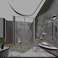 Modern Hotel Bathroom Interior With Patterned Walls Round Mirrors Marble Vanity And Glass Shower